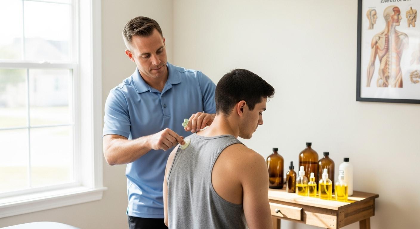 Un kinésithérapeute applique un baume de massage sur l’épaule d’un sportif après l’entraînement, dans une pièce lumineuse avec des flacons de soins posés sur une table en bois.