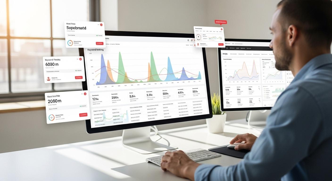 Un professionnel devant son ordinateur, analysant un tableau de bord SEO affichant des courbes de positionnement et des rapports détaillés, entouré de graphiques colorés et de notifications d’alertes, dans un bureau moderne éclairé par la lumière du jour.