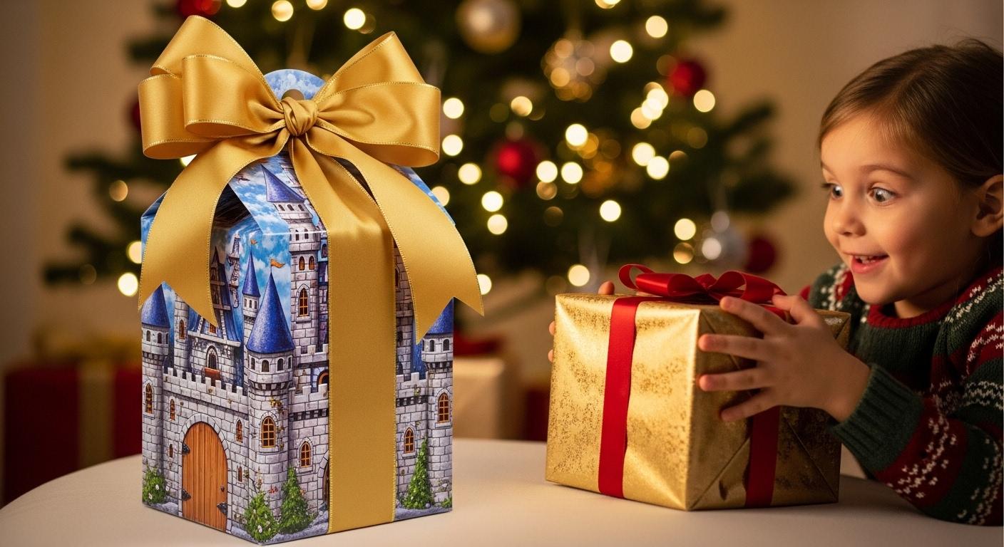 Un paquet cadeau féerique à motifs de château, orné d’un grand ruban doré et posé devant un sapin, un enfant aux yeux émerveillés s’apprêtant à l’ouvrir