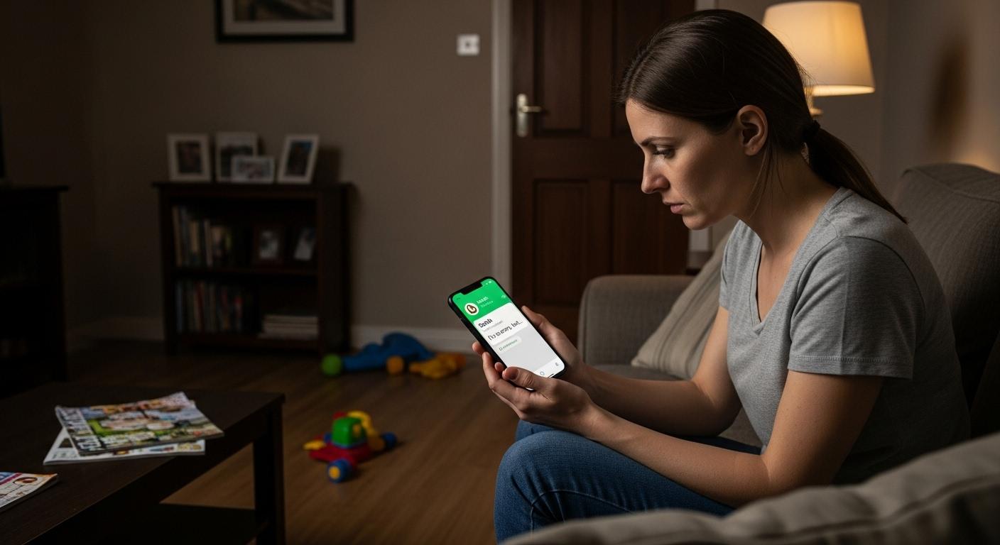 Une mère assise seule dans un salon familial, regardant un téléphone avec un message WhatsApp non lu affiché à l'écran, l'ambiance est empreinte de tristesse et de solitude.