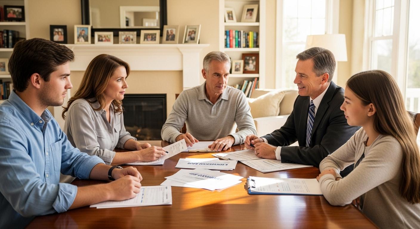 Scène dans un salon, une famille réunie autour d’une table, les parents discutant sérieusement avec un conseiller, des documents d’assurance vie étalés devant eux, une atmosphère de réflexion et de transmission entre générations.