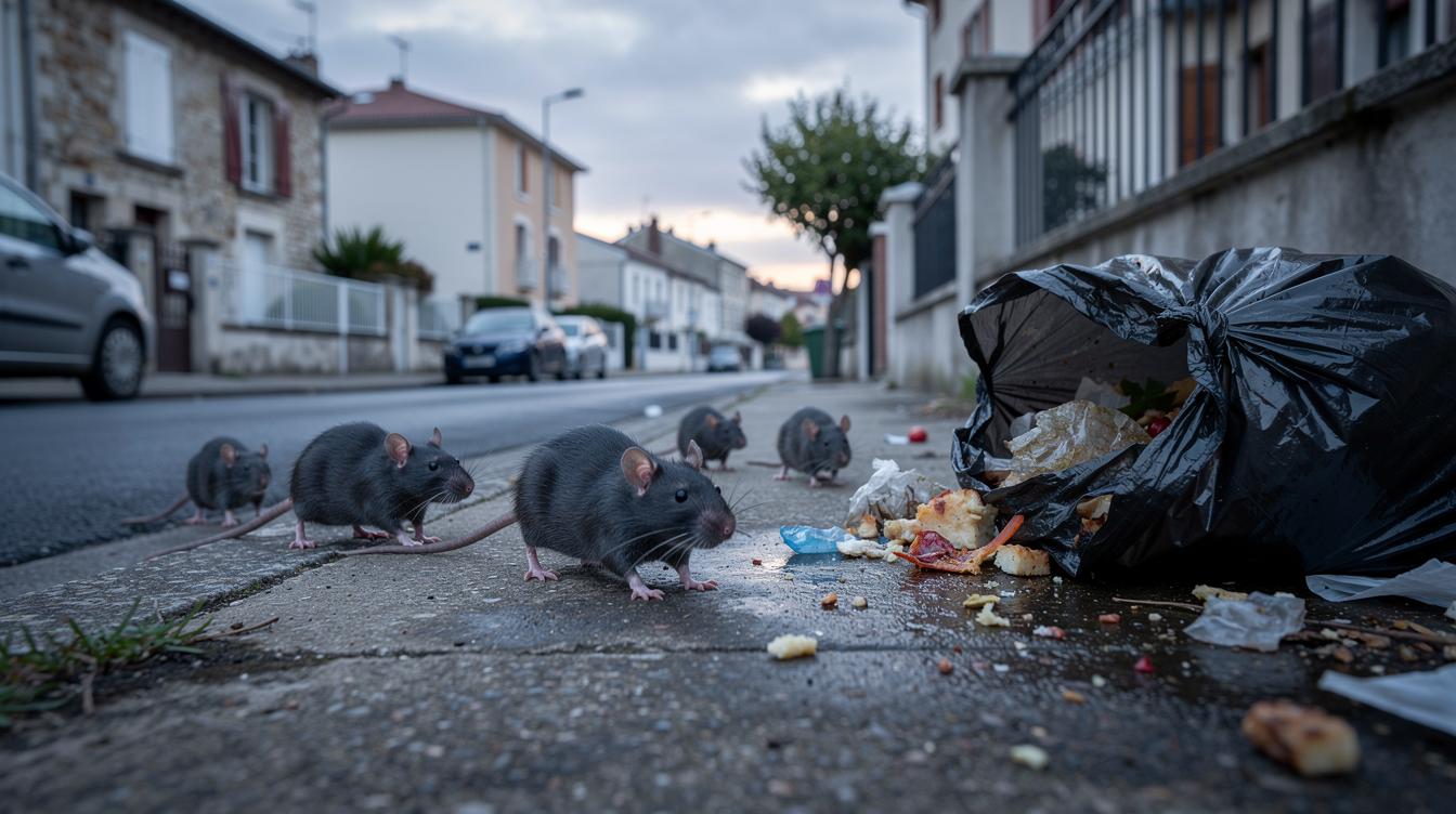 Des rats gris courant le long d'un trottoir devant une pile de sacs-poubelles déchirés au petit matin dans une rue résidentielle d'Ozoir-la-Ferrière, avec des immeubles anciens et des façades rénovées en arrière-plan.