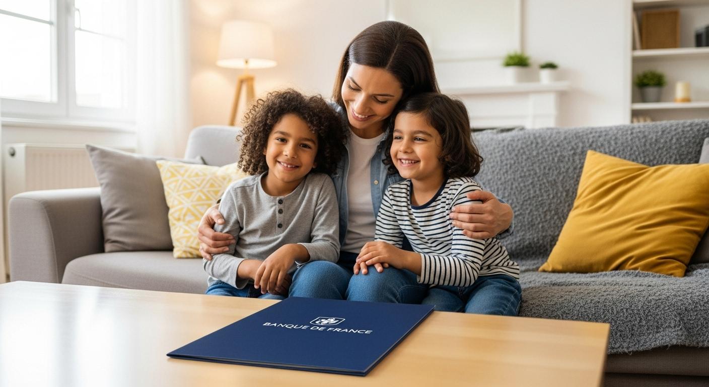 Une femme assise sur un canapé dans son salon, entourée de ses deux enfants souriants, avec sur la table basse un dossier de la Banque de France fermé, l’ambiance est apaisée et lumineuse.