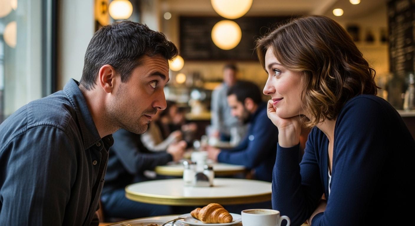 Deux personnes assises face à face dans un café, l’homme fixe intensément la femme du regard, ses pupilles dilatées, tandis qu’elle esquisse un sourire intrigué, une atmosphère de tension silencieuse flottant entre eux.