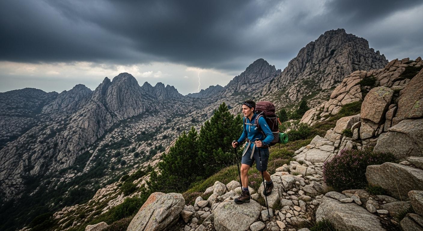 Un randonneur avance sur un sentier rocheux du GR20 en Corse, sac à dos sur les épaules, sous un ciel menaçant avec des nuages d’orage, entouré de crêtes escarpées et de végétation sauvage.