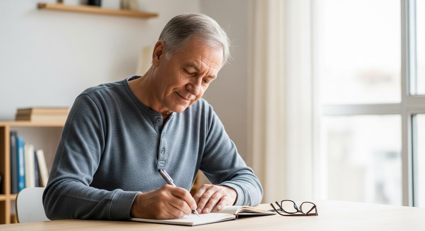 Un homme d'une soixantaine d'années, assis à une table en bois claire, écrit à la main sur un carnet, une pièce lumineuse et sobre derrière lui, atmosphère calme et studieuse.