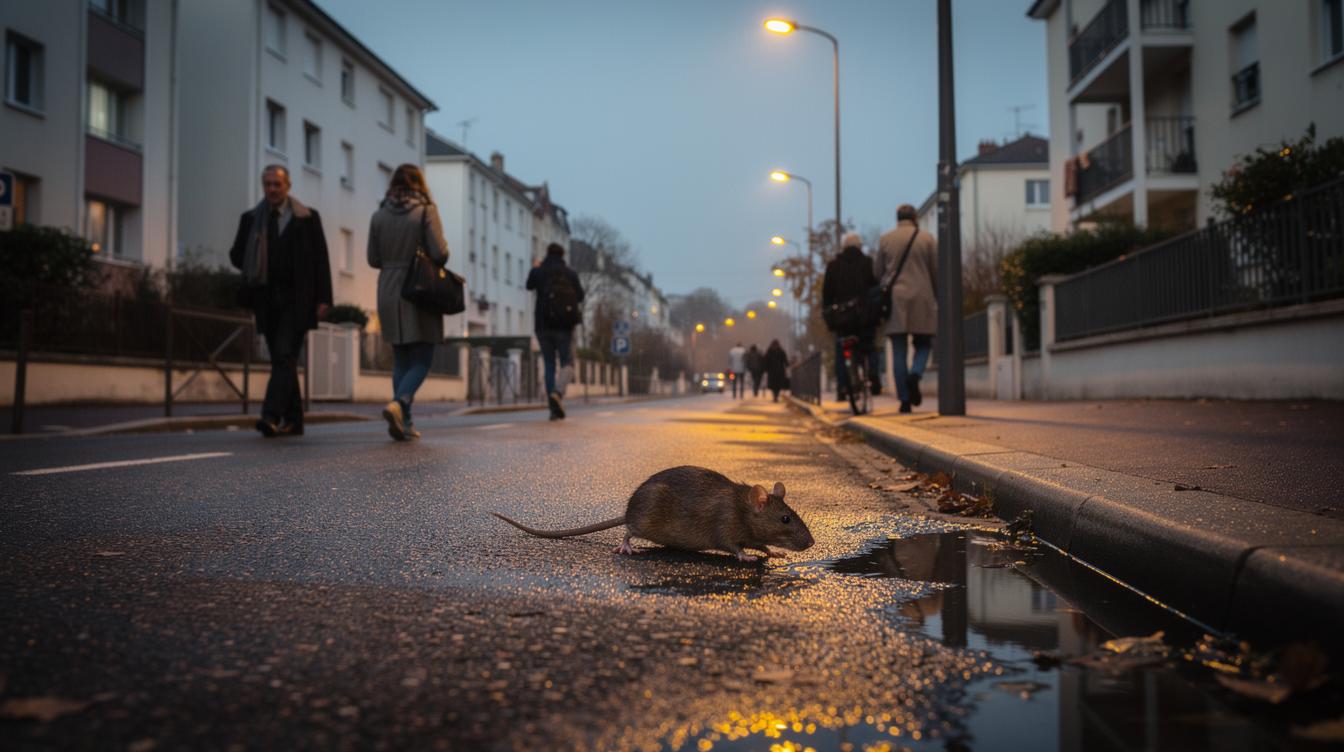 Une rue de Créteil en soirée, trottoirs humides éclairés par des lampadaires, des habitants rentrent chez eux, l'air préoccupé, pendant qu'un rat traverse discrètement la chaussée.