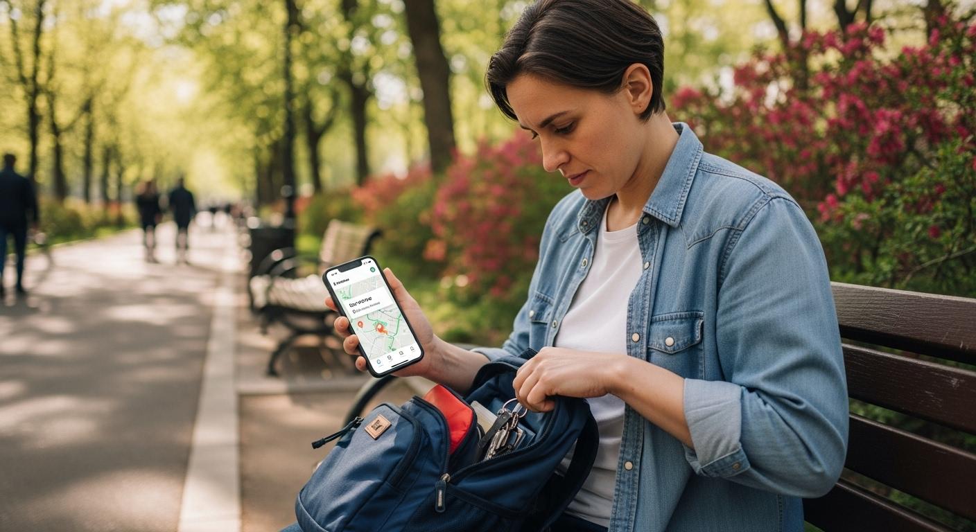 Une personne assise sur un banc dans un parc urbain, cherchant dans son sac à dos tout en consultant son smartphone pour localiser ses clés égarées à l’aide d’une application de suivi.