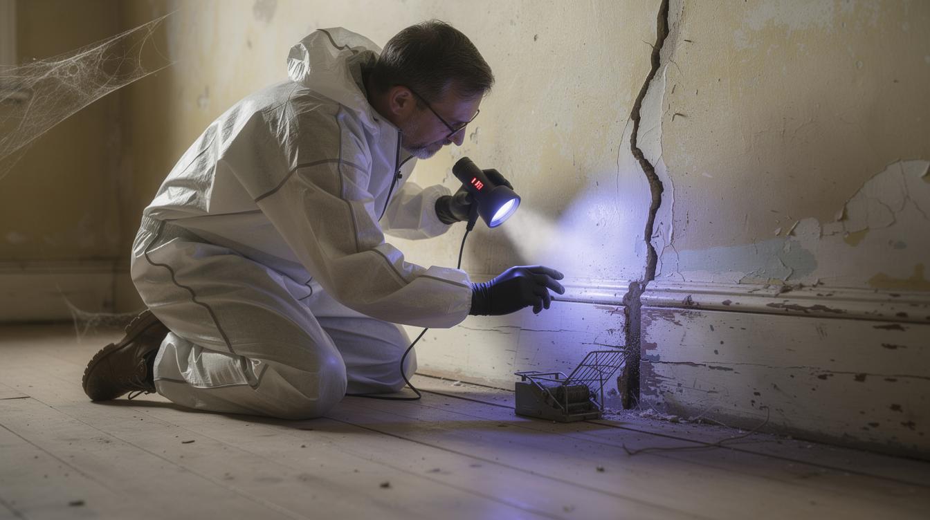 Un technicien en combinaison inspecte avec une lampe UV la fissure d'une vieille maison, posant discrètement un piège à rongeurs près d'une plinthe.