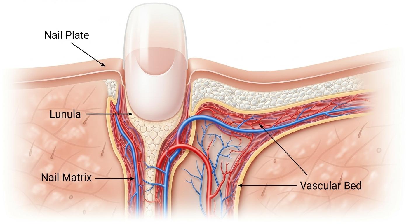 Schéma réaliste d’un ongle de doigt vu de profil, montrant la matrice unguéale sous la base, la lunule blanchâtre, le réseau vasculaire en profondeur et la plaque de l’ongle visible à la surface.