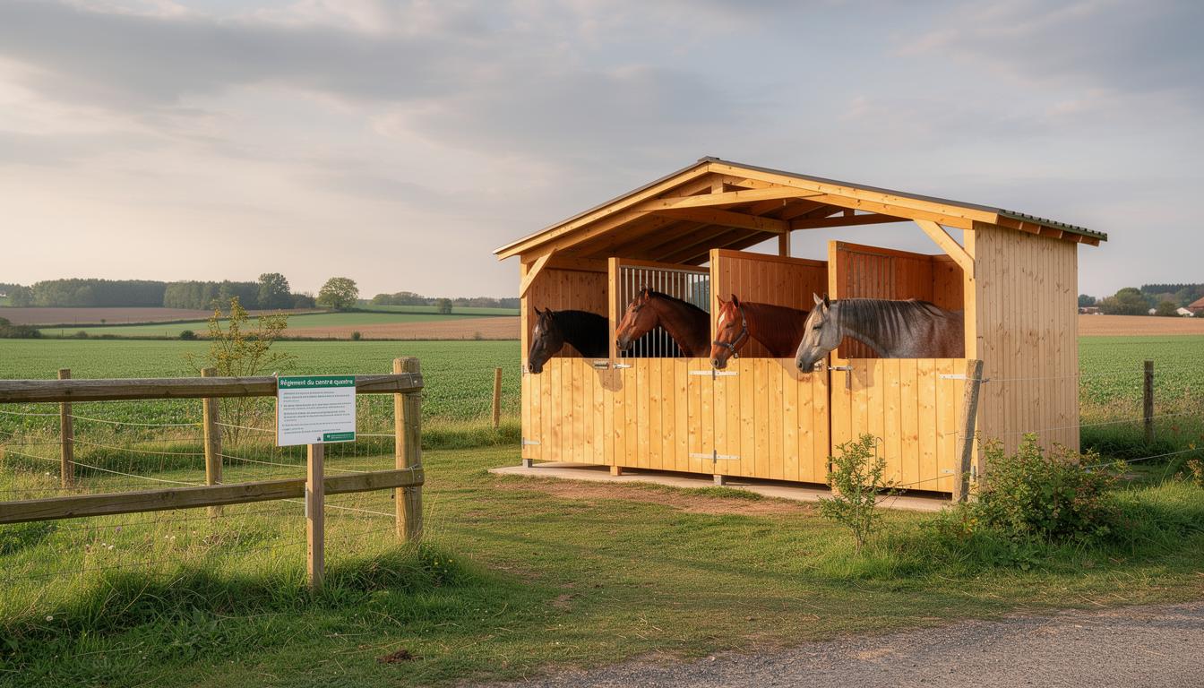 Structure de box à chevaux en bois naturel intégrée dans le paysage rural