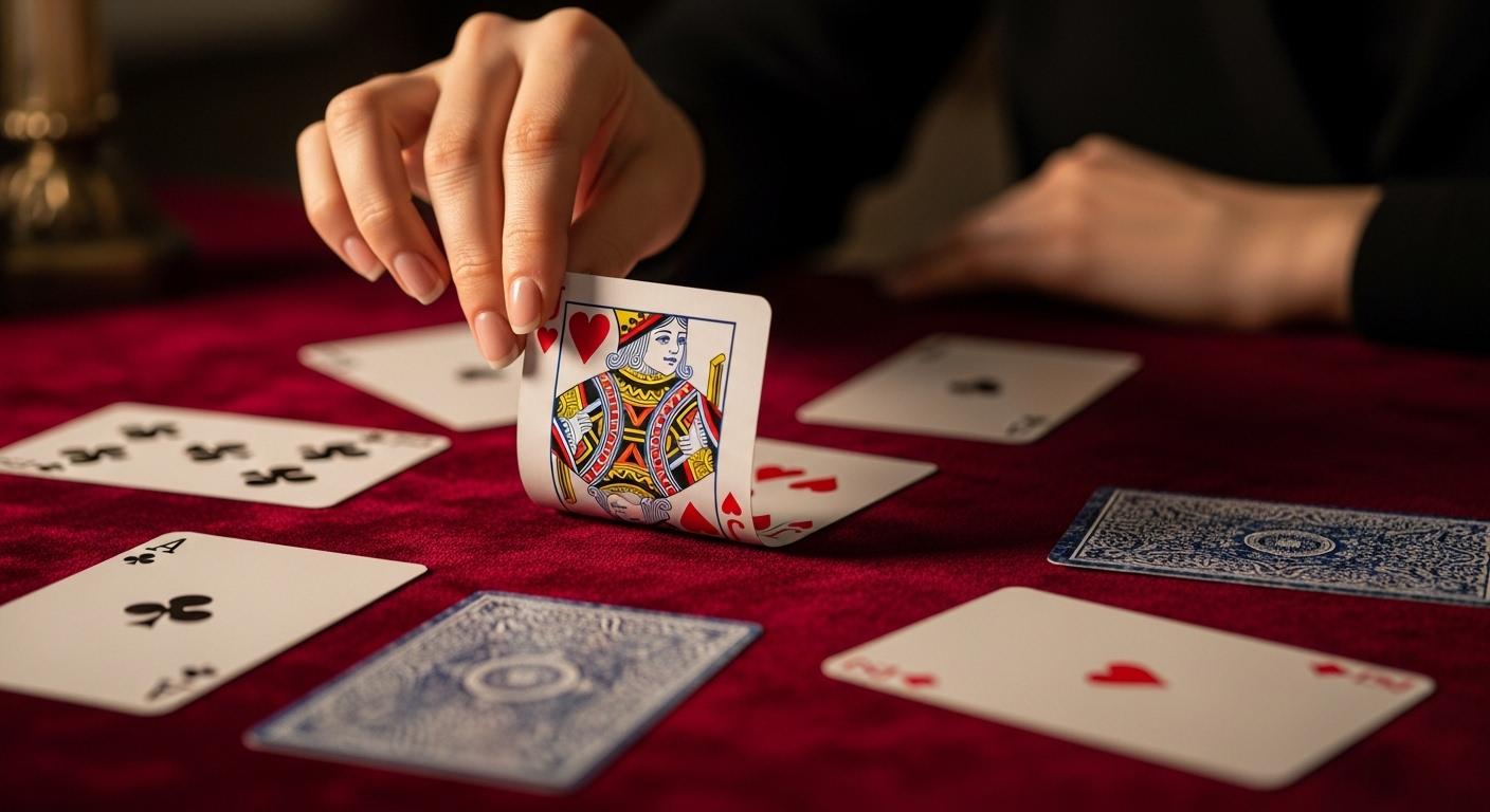 Une main féminine retourne délicatement le valet de cœur sur un tapis de velours, à côté d’autres cartes révélées lors d’un tirage de cartomancie, sous un éclairage feutré.