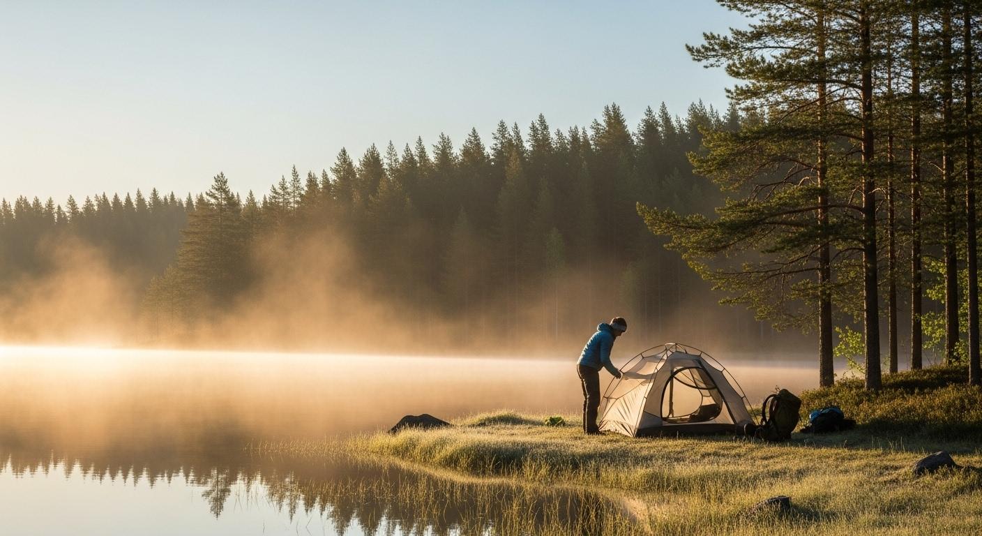 Un campeur installe sa tente au bord d’un lac isolé, entouré de pins et de brume matinale, dans une nature suédoise paisible.