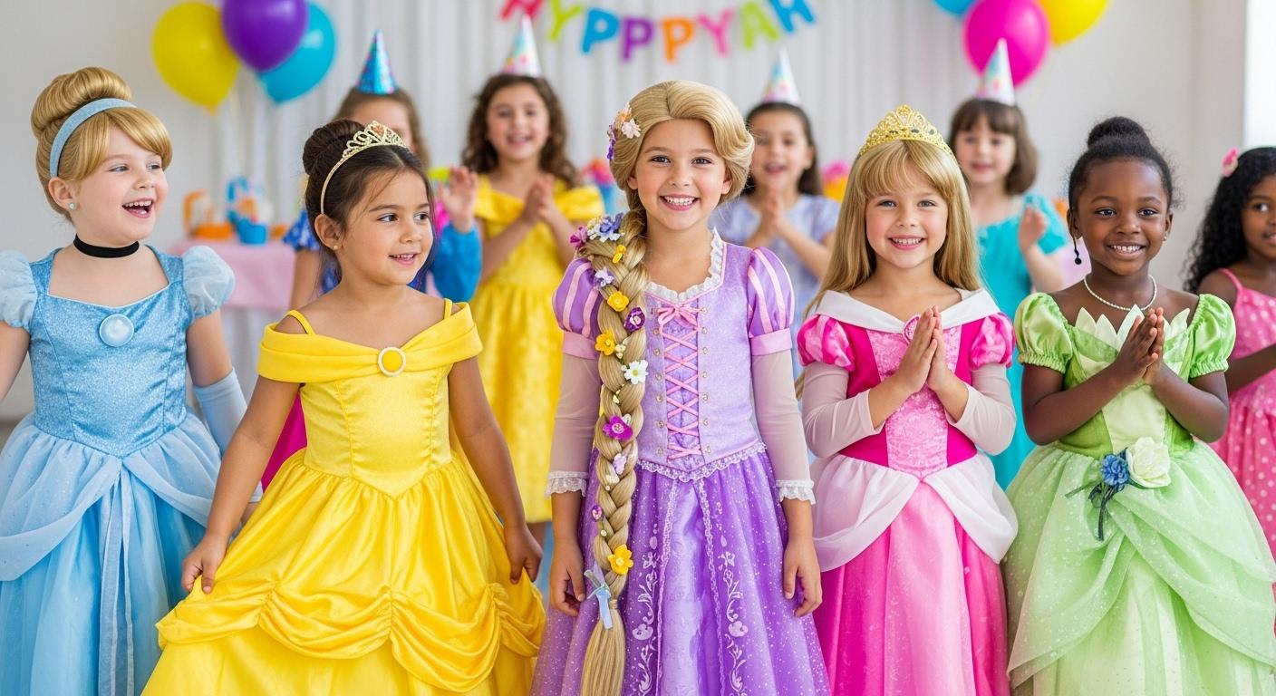 Plusieurs petites filles déguisées en princesses Disney, alignées lors d’une fête, chacune portant une robe colorée emblématique, avec une fillette au centre fièrement vêtue de la robe violette de Raiponce, entourée d’enfants en bleu, jaune, rose et vert, dans une ambiance de joie et de féerie.
