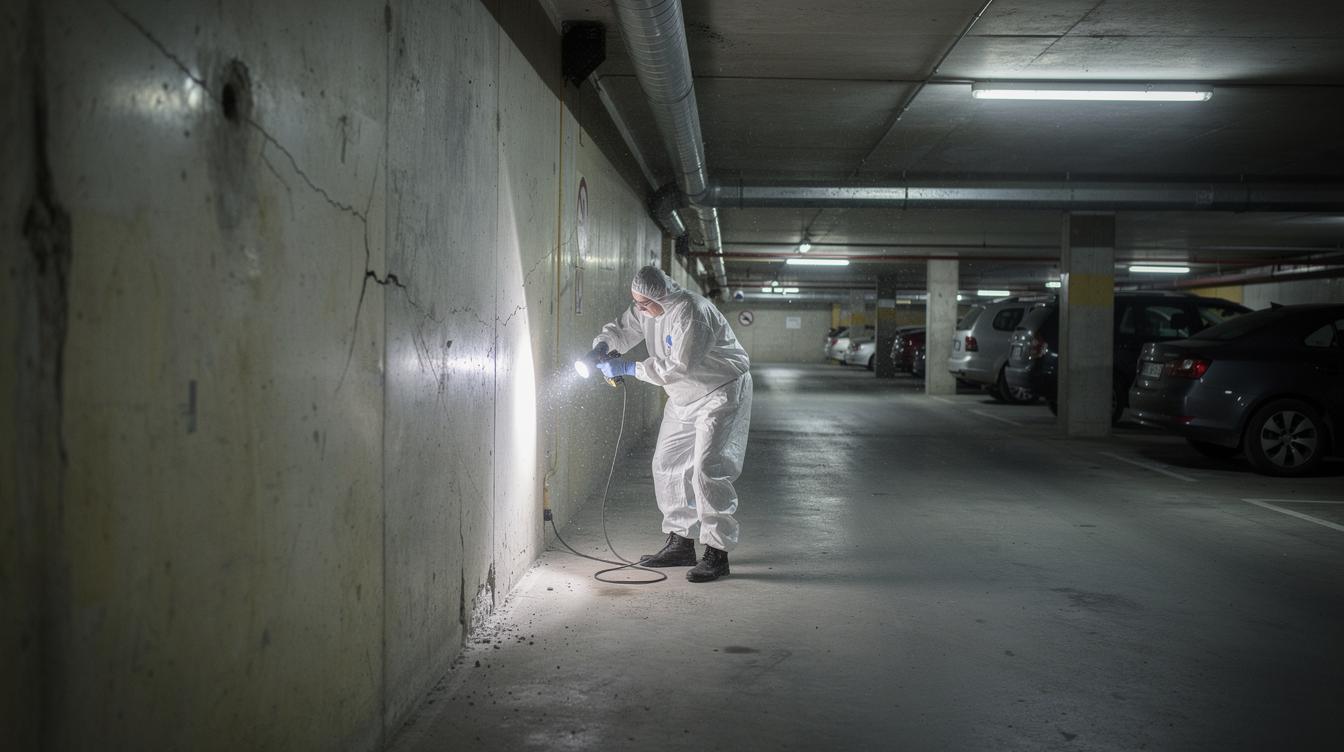 Un technicien en combinaison réalise une inspection minutieuse d'un garage collectif, une lampe à la main, à la recherche de fissures ou de passages possibles pour les rongeurs dans un bâtiment en sous-sol.