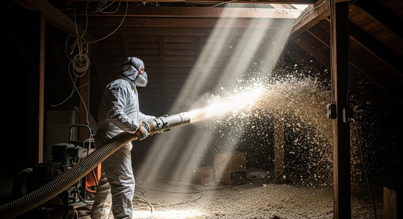 Un artisan en combinaison blanche projette de l’isolant en flocons dans un grenier sombre, la lumière filtrant entre les chevrons, illustrant la technique de soufflage dans des combles perdus.