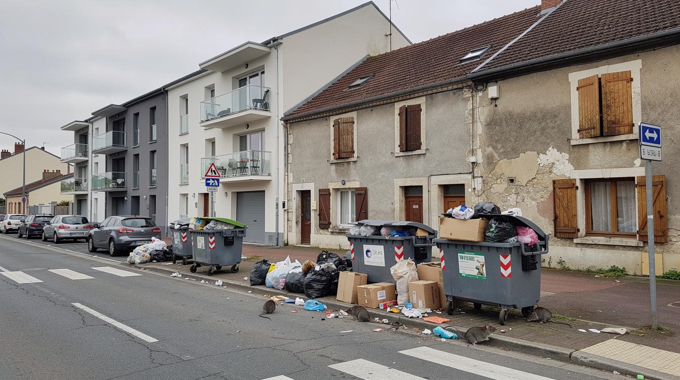 Une rangée d'immeubles modernes accolés à de vieilles maisons traditionnelles en bord de rue, à Lognes, avec des poubelles débordantes et quelques rats visibles près des sacs d'ordures.