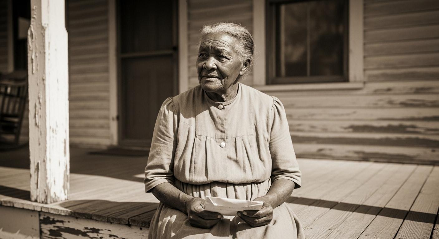 Vieille photographie sépia d’une femme afro-américaine âgée, assise sur le porche en bois d’une maison en Géorgie, tenant une lettre et évoquant l’histoire familiale liée au choix du nom Jefferson.