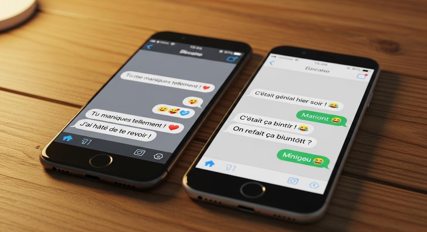 Deux téléphones posés côte à côte sur une table en bois, chacun affichant une conversation animée et complice, avec des emojis et des phrases personnalisées.