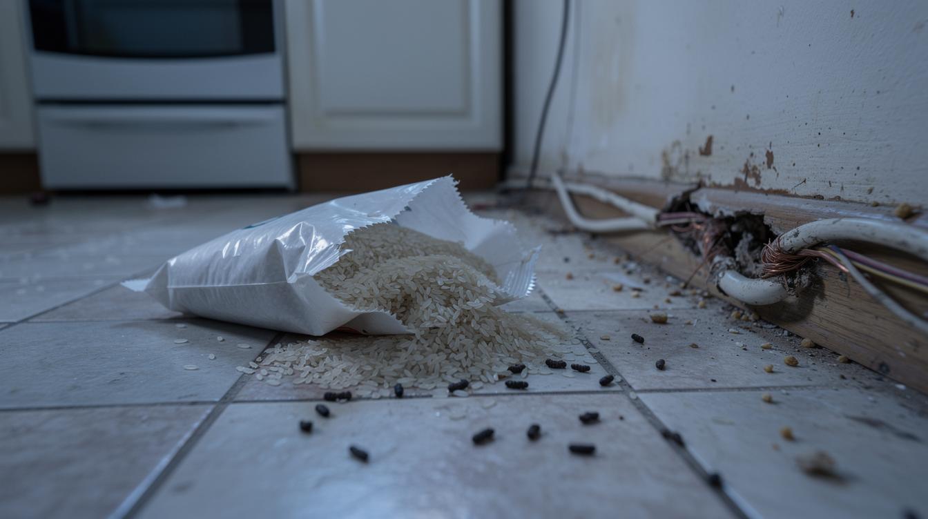 Un paquet de riz éventré avec des traces de dents, des crottes noires au sol et des fils électriques endommagés dans une cuisine d'appartement, lumière blafarde du matin.