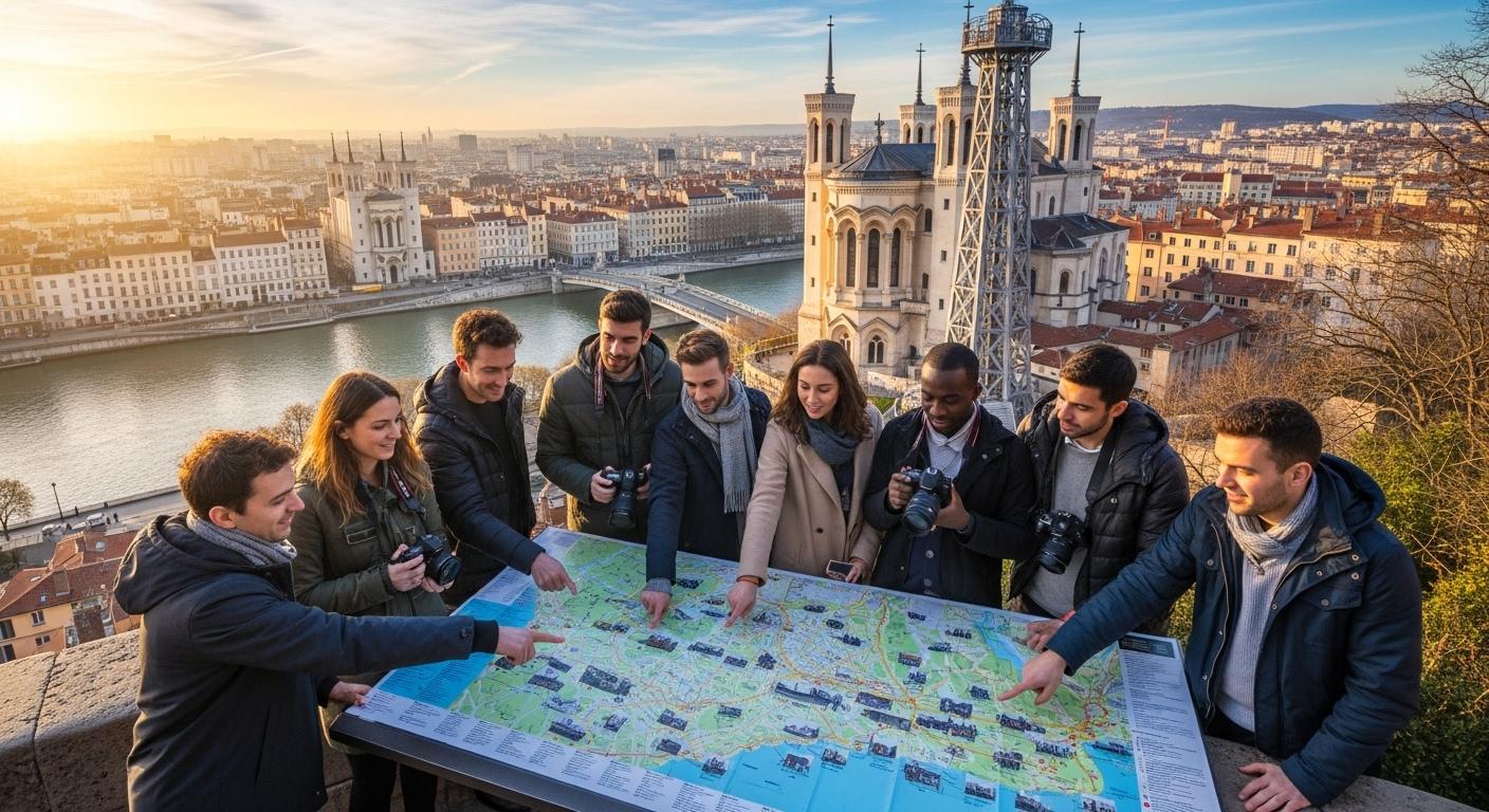 Un groupe de voyageurs observe une carte déployée devant une vue panoramique sur les toits de Lyon, avec la Saône en contrebas et des bâtiments historiques éclairés par le soleil matinal.