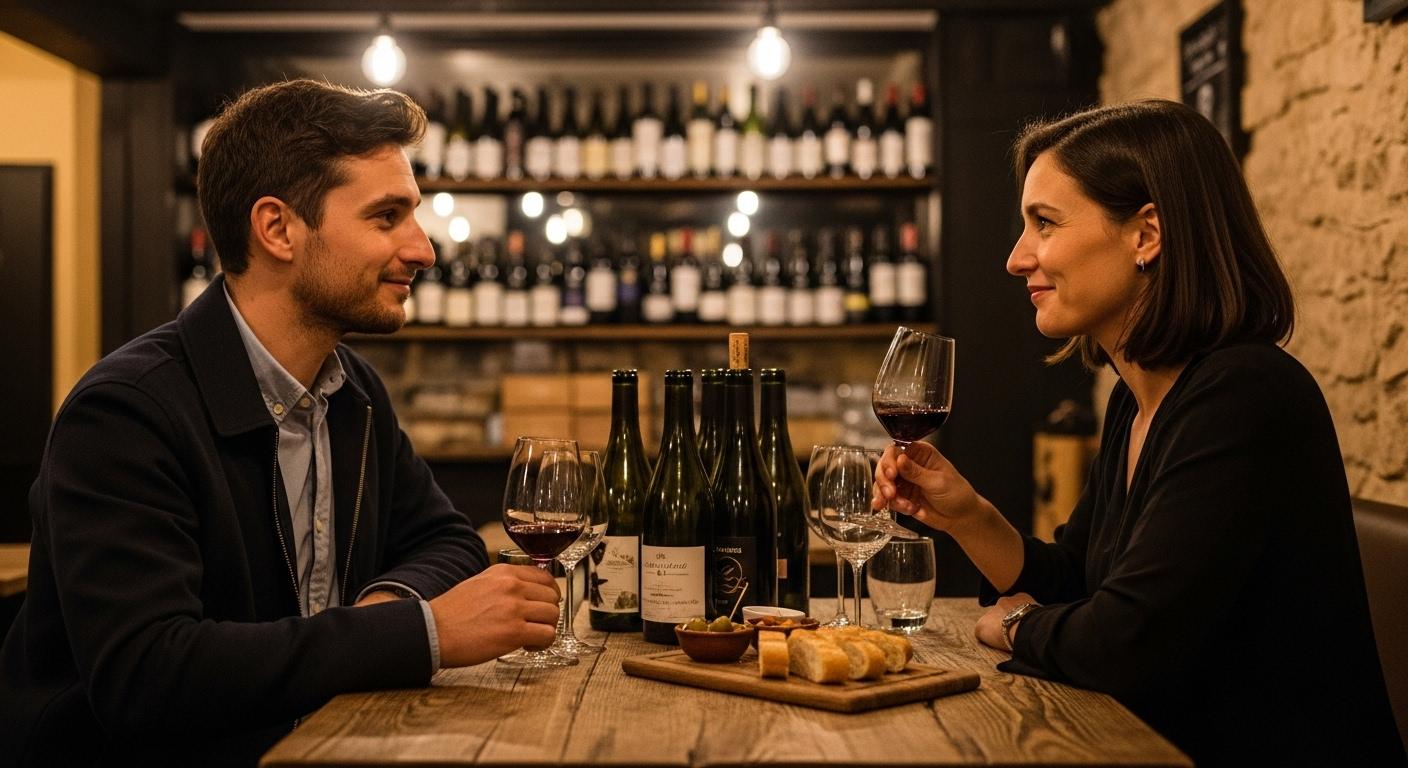 Deux personnes assises à une table de dégustation dans un bar à vins intimiste à Lyon, échangeant un regard complice tout en tenant chacun un verre de vin, avec des bouteilles et des verres disposés devant eux.