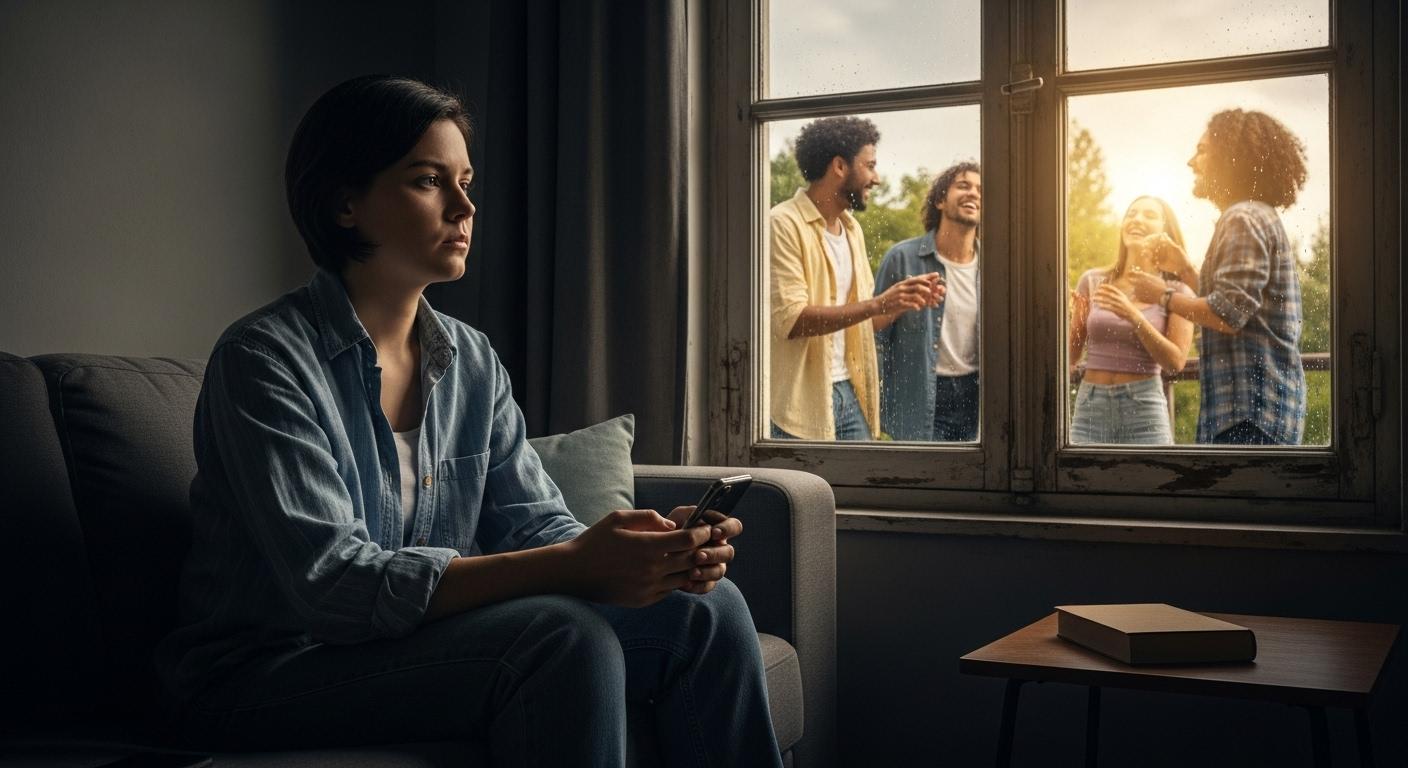 Une personne seule à la maison, assise sur un canapé dans une lumière tamisée, tenant son téléphone éteint, tandis qu'à travers la fenêtre on aperçoit un groupe d'amis riant ensemble dehors.