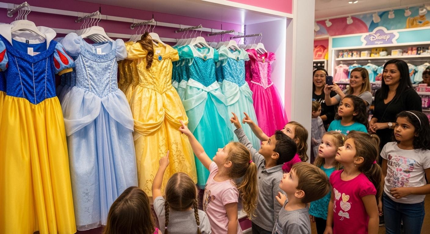 Un présentoir coloré en magasin, exposant des robes de princesses Disney emblématiques, alignées sur des cintres, représentant Blanche-Neige, Cendrillon, Belle, Ariel et Jasmine, sous un éclairage doux, avec des enfants admirant les costumes et des parents souriants en arrière-plan.