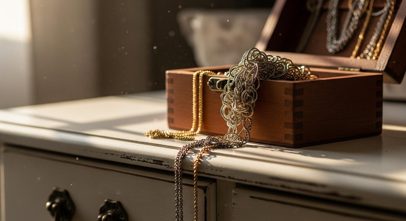 Une petite boîte à bijoux entrouverte sur une commode, contenant plusieurs chaînes fines dont une est complètement emmêlée, baignée par la lumière du matin.