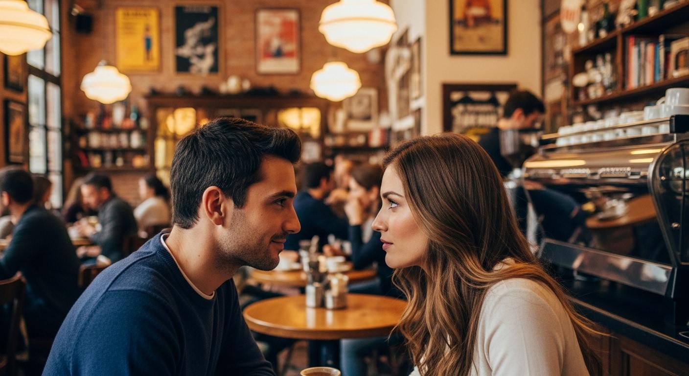 Deux personnes échangent un regard intense dans un café animé, les yeux fixés l’un sur l’autre, tandis que le bruit et la foule s’effacent autour d’eux.
