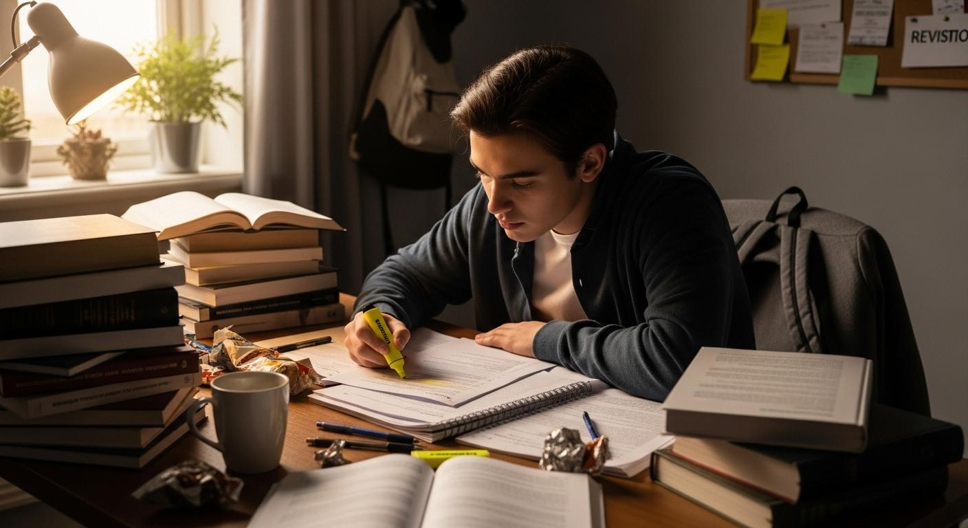 Un étudiant assis à un bureau surchargé de feuilles, surlignant avec attention des mots clés sur un sujet d'examen, le visage concentré dans une lumière douce de fin d'après-midi.