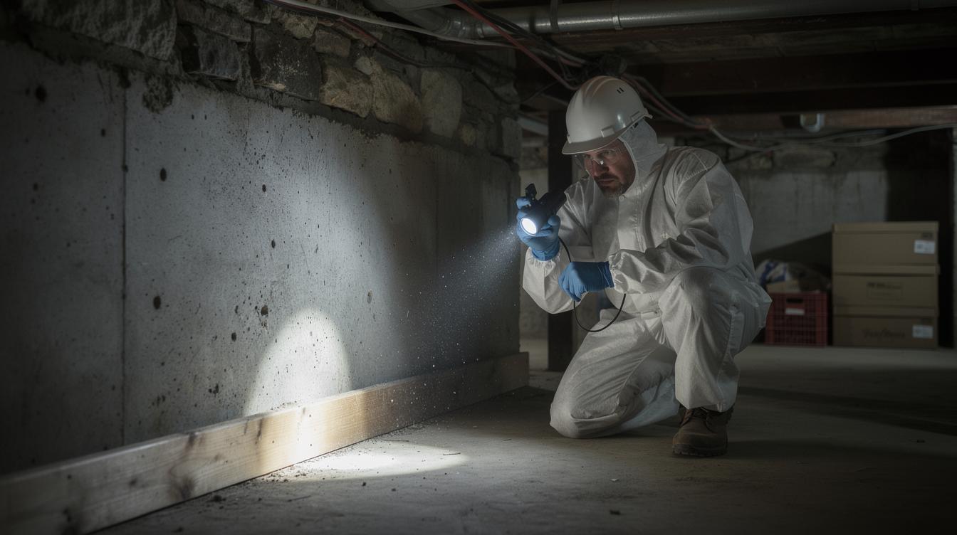Un technicien en combinaison inspectant minutieusement une cave en sous-sol, lampe à la main, à la recherche de trous ou de traces de rongeurs le long des murs et des plinthes.