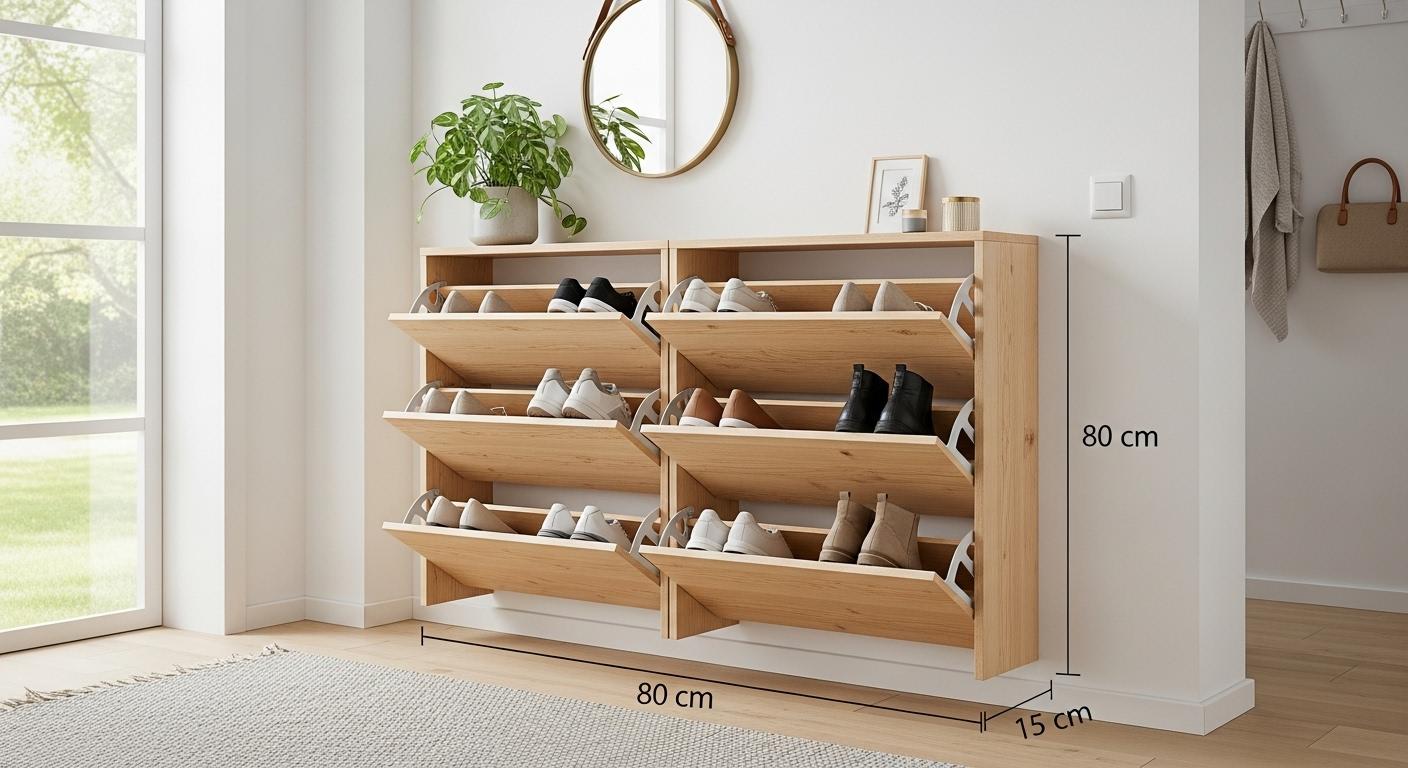 Un meuble à chaussures ultra-mince en bois clair, parfaitement intégré contre un mur d'entrée, avec plusieurs paires de chaussures rangées à l'intérieur, dans un appartement lumineux et moderne.