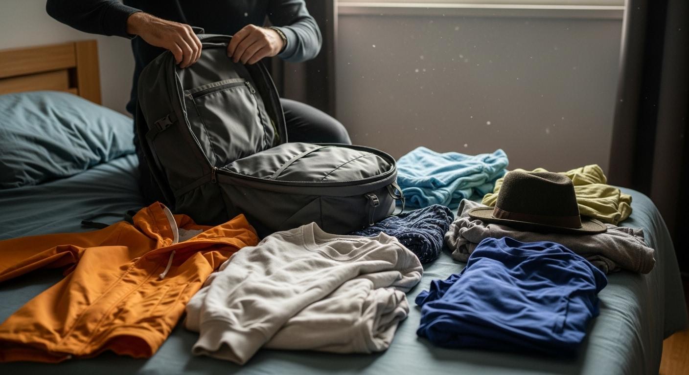 Un voyageur prépare son sac à dos ouvert sur un lit, entouré de vêtements de différentes saisons, avec une veste de pluie, un sweat léger, des t-shirts et un chapeau, une fenêtre ouverte laisse entrer la lumière d'une matinée incertaine.