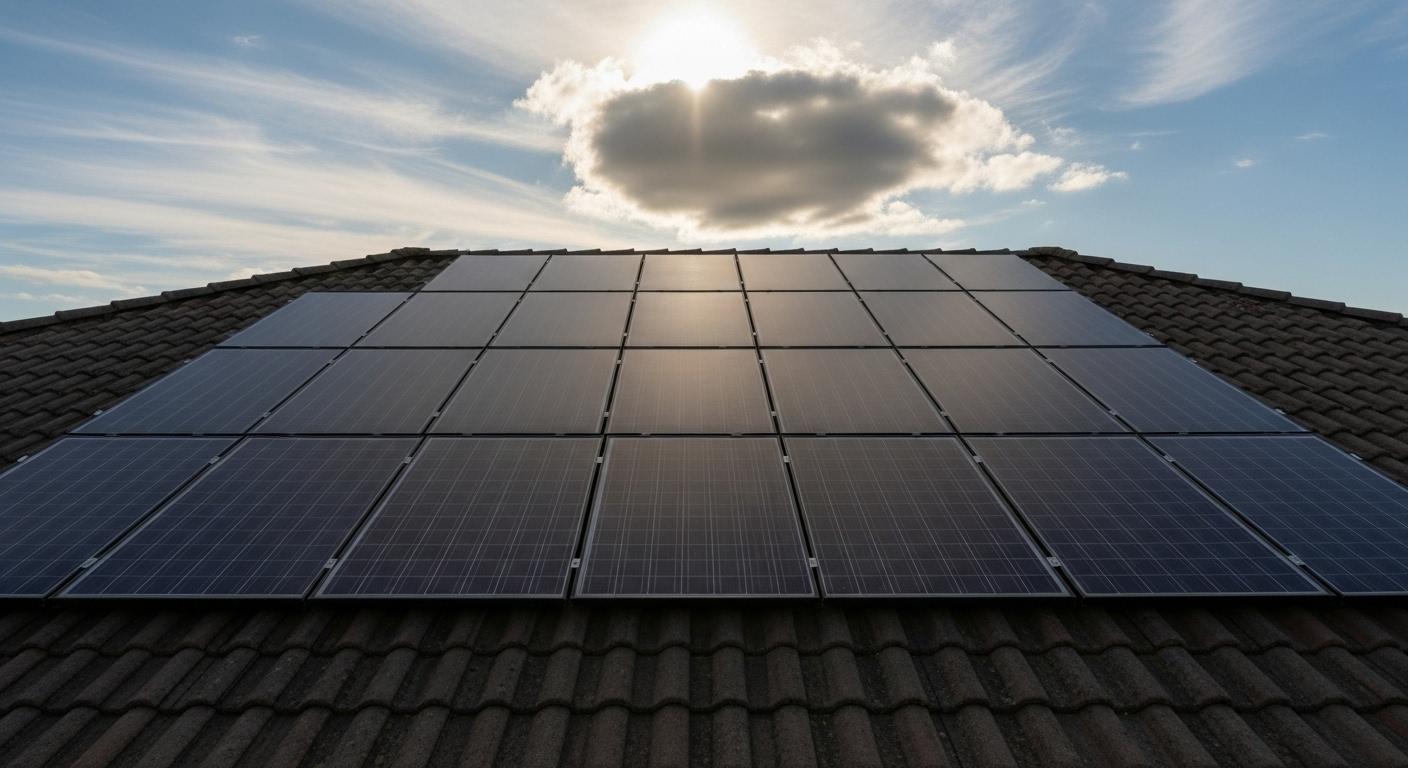 Toit de maison avec plusieurs panneaux solaires bien alignés, baignant sous un soleil d’été éclatant, tandis qu’un nuage passe devant le soleil projetant une ombre partielle sur une partie des panneaux.