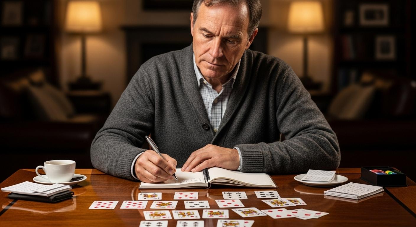 Un joueur de bridge assis seul à une table, carnet ouvert devant lui, en train de noter ou dessiner la répartition des cartes après une partie, entouré de cartes éparses.