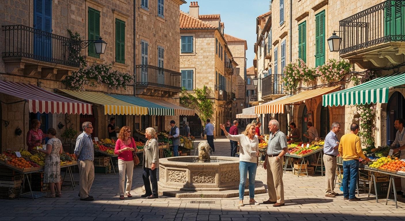 Une place animée du centre historique avec des étals colorés de fruits, des habitants discutant et des façades méditerranéennes baignées de lumière.