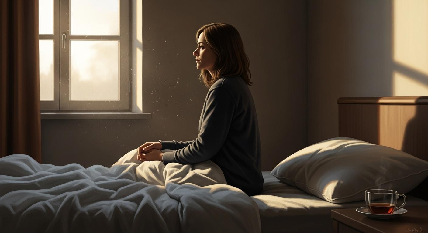 Une femme assise sur le bord d’un lit, regardant par la fenêtre avec une expression pensive, la lumière douce du matin entrant dans la chambre, une atmosphère calme et intime qui évoque l’attente et la réflexion après une fausse couche.