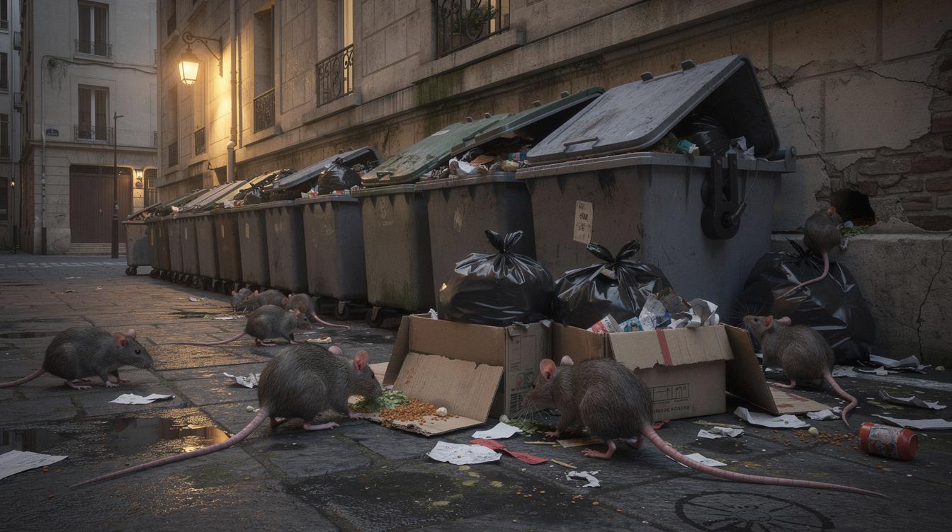 Devant une rangée de containers mal fermés, des poubelles débordantes et des cartons éventrés attirent plusieurs rats en train de fouiller et de se dissimuler près des murs d’un immeuble.