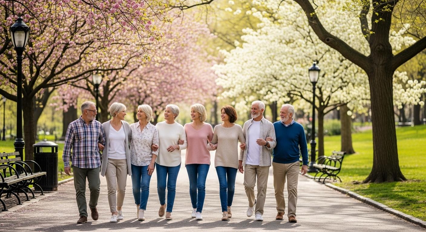 Un groupe de seniors marche ensemble dans un parc urbain verdoyant, échangeant des sourires et discutant, avec des arbres en fleurs et des bancs publics en arrière-plan.