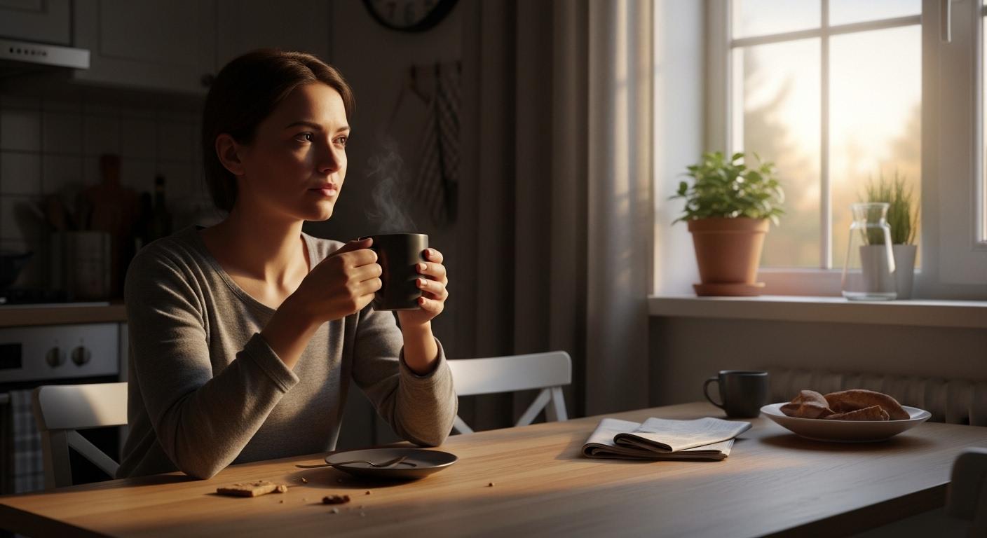 Une femme assise à la table de sa cuisine, buvant seule un café noir au lever du jour, l’estomac vide, alors que la lumière douce du matin éclaire la pièce et qu’un mug fumant repose devant elle.