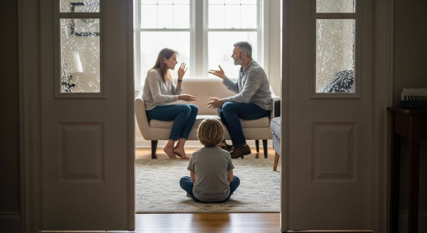 Un enfant assis seul sur un tapis dans un salon familial, observant à travers une porte entrouverte deux adultes en pleine discussion tendue, illustrant la perception silencieuse des enfants face à la confusion parentale après une séparation.