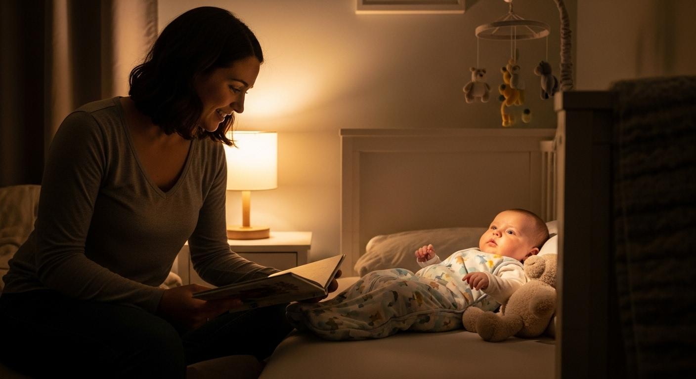 Une maman assise dans une chambre tamisée lit une histoire à son bébé emmitouflé dans une gigoteuse, un doudou posé à côté du petit, créant une ambiance douce et rassurante avant le coucher.