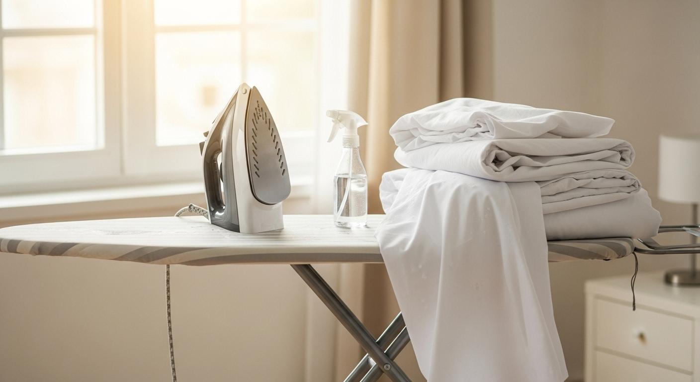 Une table à repasser large installée dans une chambre lumineuse, avec un fer moderne posé dessus, des draps blancs légèrement humides prêts à être repassés et un vaporisateur d’eau à portée de main