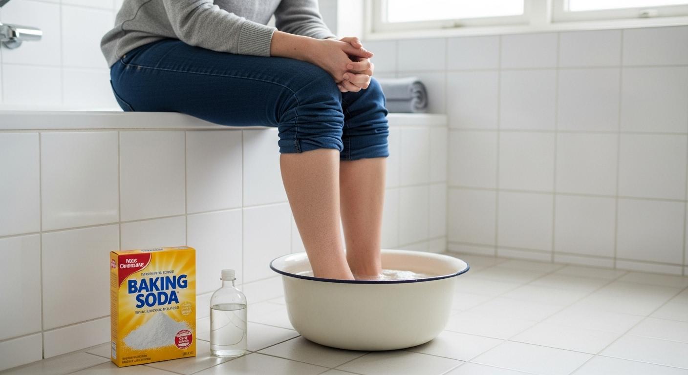 Scène dans une salle de bain, montrant une personne assise au bord de la baignoire, les pieds trempant dans une bassine d’eau tiède, avec une boîte de bicarbonate de soude et une petite bouteille de vinaigre à proximité.