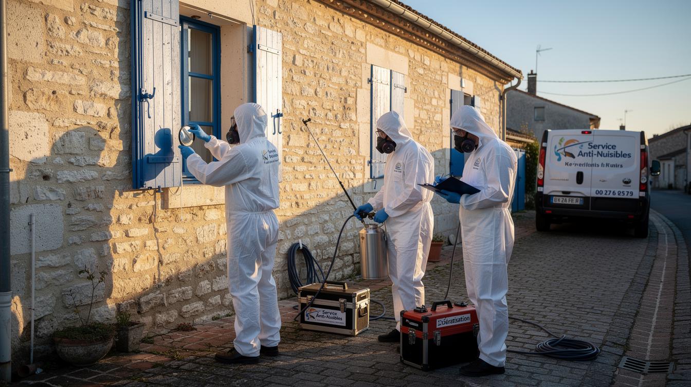 Une équipe de dératisation en combinaison blanche inspecte la façade en pierre d’une petite maison de village, équipement à la main, par une matinée claire.