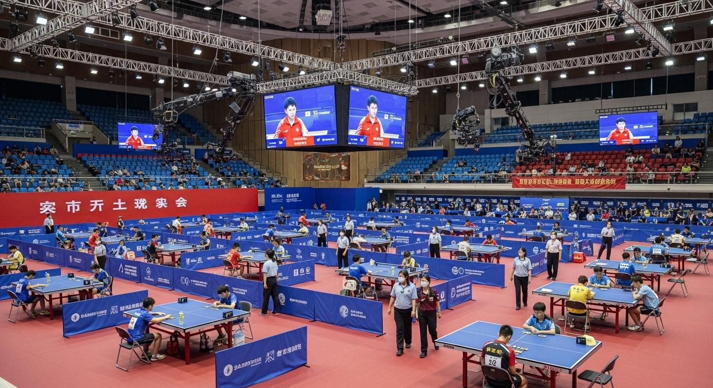 Une grande salle de tournoi lumineuse à Nanjing, remplie de concurrents assis à des tables identiques, sous l’œil de caméras de télévision, des arbitres supervisant l’événement et un public attentif dans les gradins