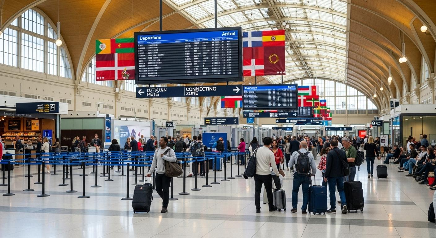 Hall d’aéroport animé avec des voyageurs, des files d’attente organisées, et des panneaux où s’affichent des drapeaux nationaux signalant les zones de contrôle et de correspondance