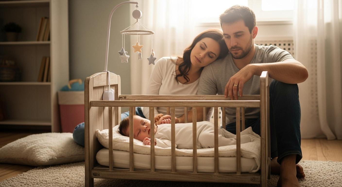 Un bébé dort paisiblement dans un petit lit en bois, une lumière douce éclaire la chambre, tandis que des parents veillent discrètement à côté, un air fatigué mais attendri sur le visage.