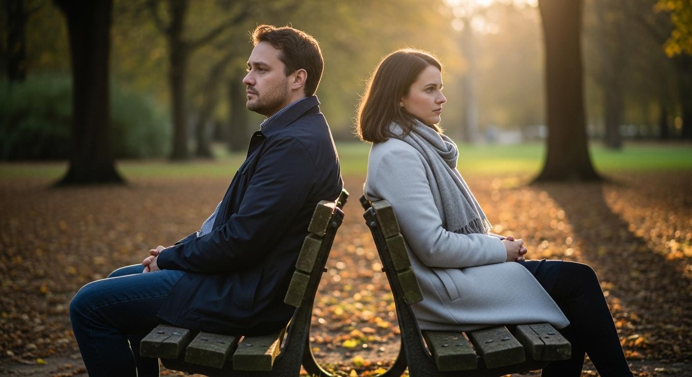 Deux personnes assises dos à dos sur un banc dans un parc, chacune regardant au loin, exprimant la distance nécessaire pour se protéger tout en restant liées par la présence de l’autre.